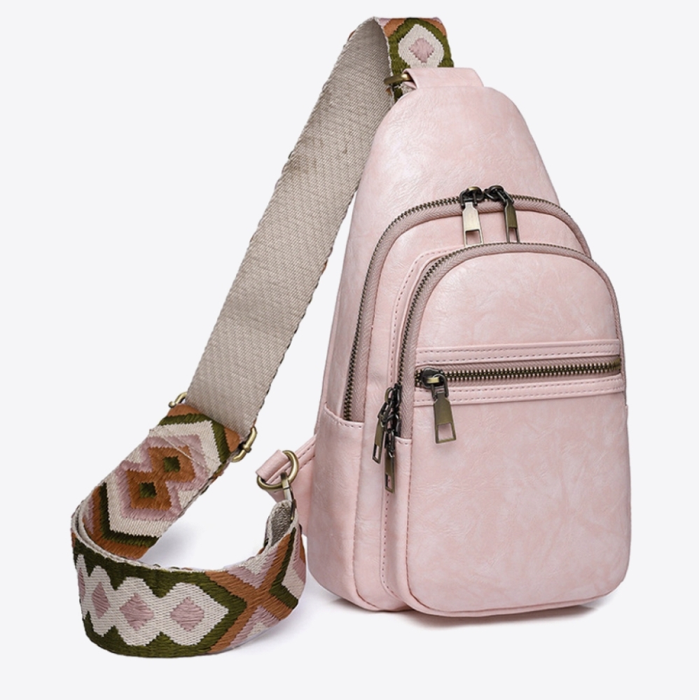 Vegan Leather Sling Bag Crossbody Shoulder Purse Convertible Wide Guitar Strap